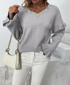 Ruffled V-Neck Dropped Shoulder Sweater - Body By J'ne