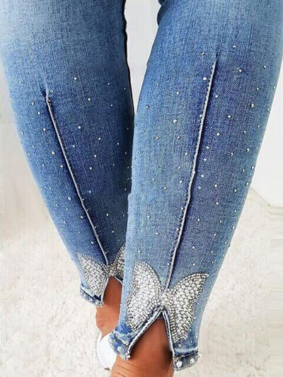 Rhinestone Detail Buttoned Jeans with Pockets - Body By J'ne