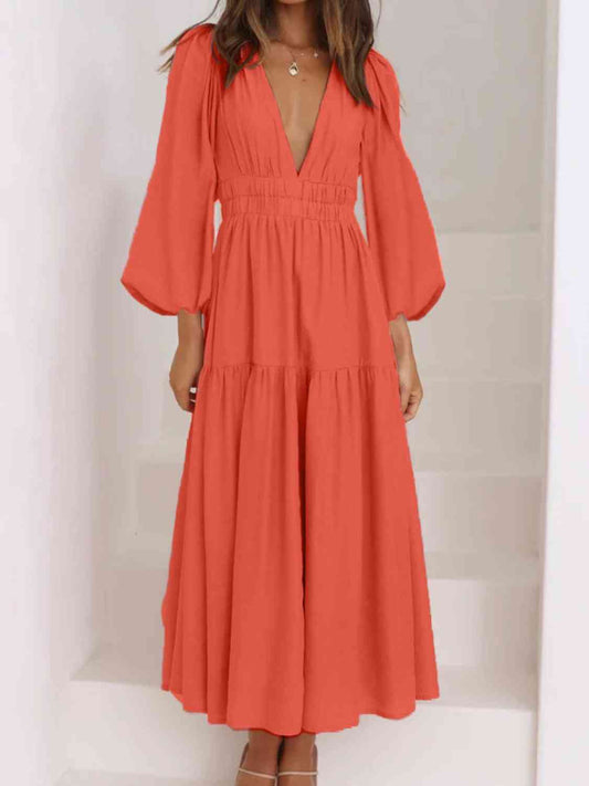 Deep V-Neck Balloon Sleeve Plain Maxi Dress - Body By J'ne