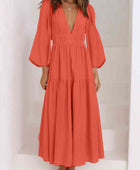 Deep V-Neck Balloon Sleeve Plain Maxi Dress - Body By J'ne