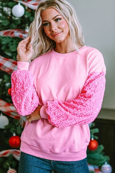 Sequin Round Neck Dropped Shoulder Sweatshirt - Body By J'ne