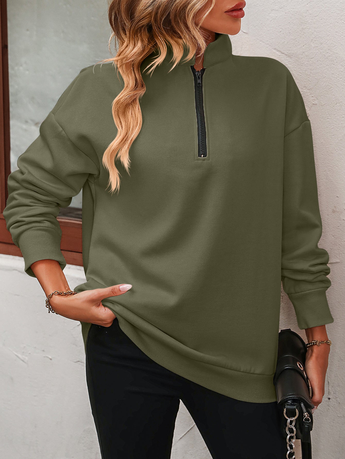 Zip-Up Dropped Shoulder Sweatshirt - Body By J'ne