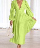 Deep V-Neck Balloon Sleeve Plain Maxi Dress - Body By J'ne