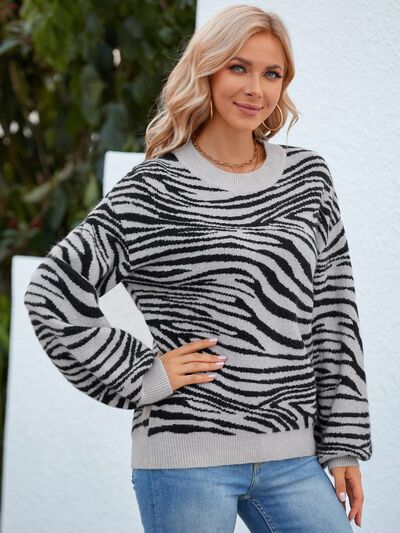 Animal Print Round Neck Dropped Shoulder Sweater - Body By J'ne