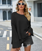 High-Low Slit Round Neck Long Sleeve Sweater - Body By J'ne