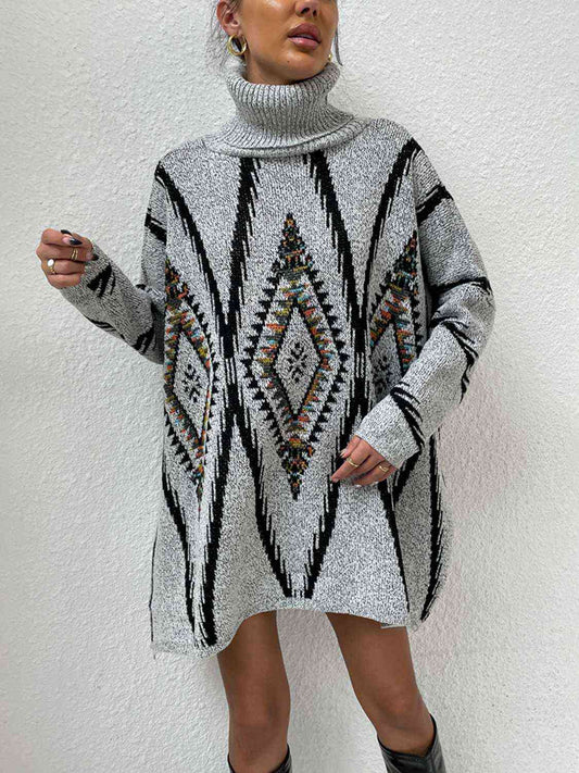 Turtleneck Slit Geometric Sweater - Body By J'ne