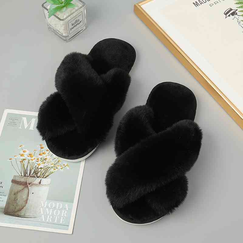 Faux Fur Crisscross Strap Slippers - Body By J'ne