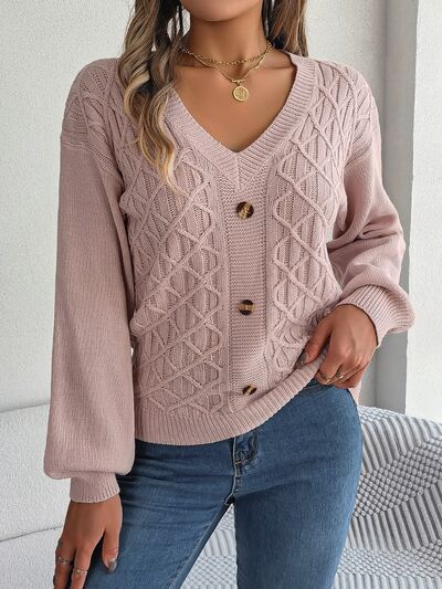 Cable-Knit V-Neck Lantern Sleeve Sweater - Body By J'ne