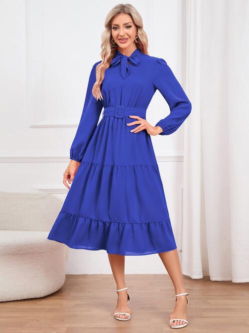 Tie Neck Long Sleeve Tiered Dress - Body By J'ne