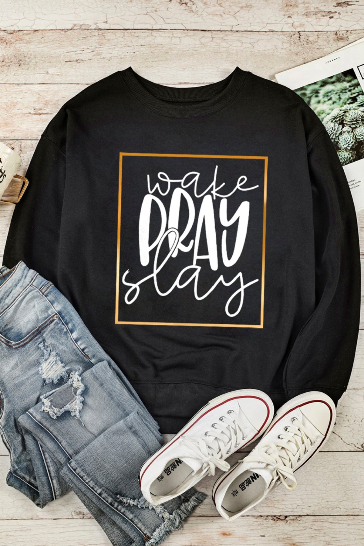 Black Wake Pray Slay Glitter Print Pullover Sweatshirt - Body By J'ne