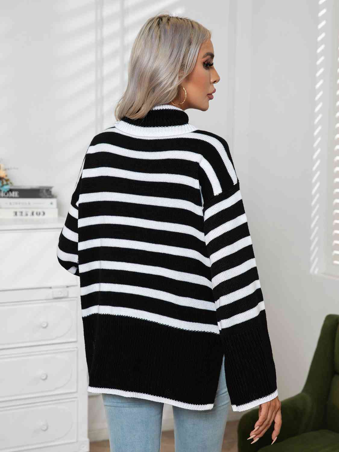 Striped Slit Turtleneck Drop Shoulder Sweater - Body By J'ne