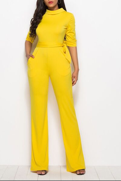 Mock Neck Tie-Waist Half Sleeve Jumpsuit - Body By J'ne
