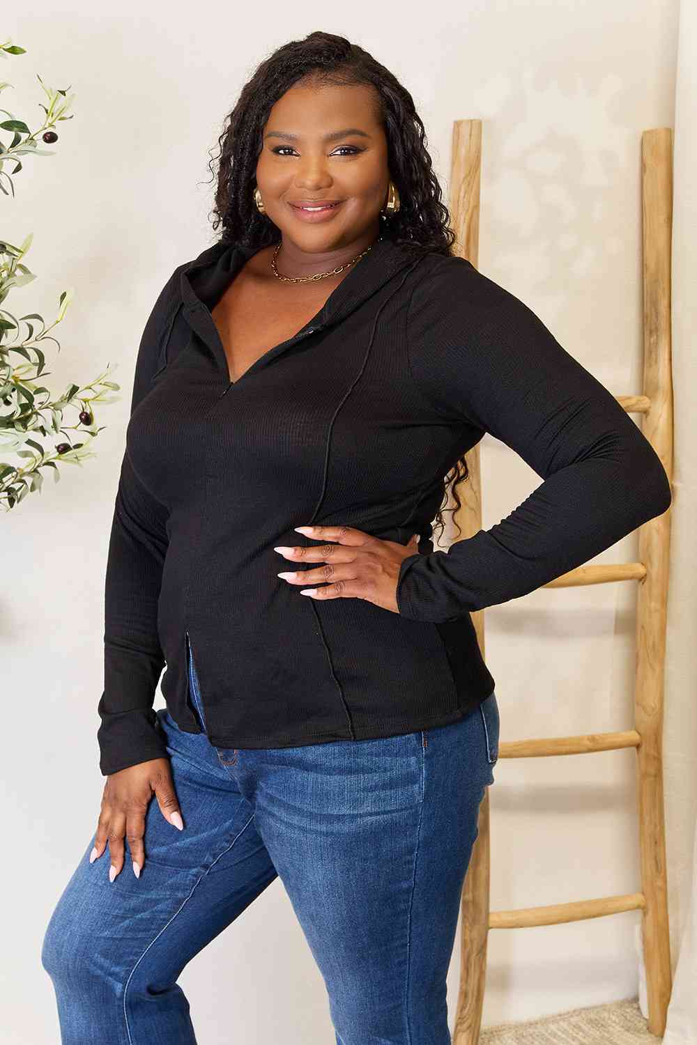 Full Size Exposed Seam Long Sleeve Hoodie - Body By J'ne