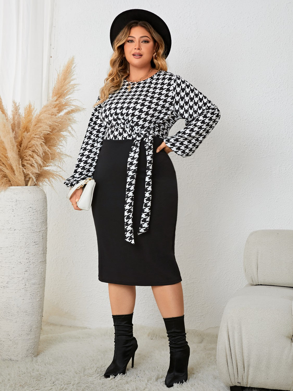 Plus Size Houndstooth Tied Long Sleeve Dress - Body By J'ne