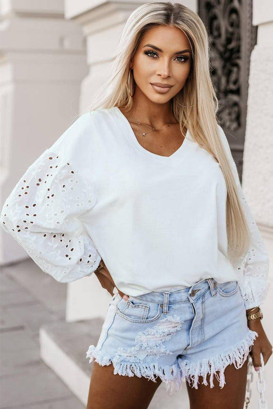 V-Neck Embroidered Splicing Long Sleeve Blouse - Body By J'ne