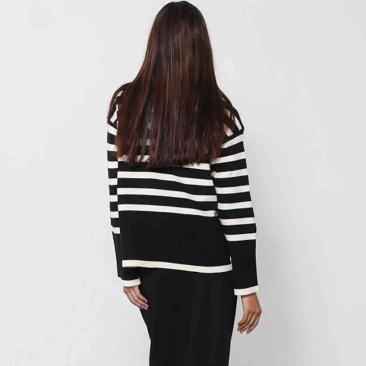 Striped Turtleneck Flare Sleeve Sweater - Body By J'ne