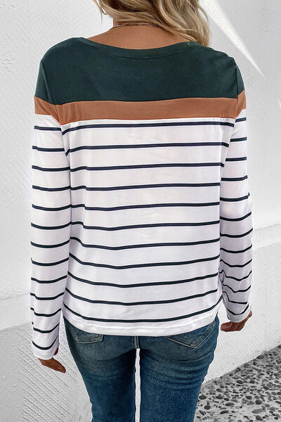 Striped Round Neck Long Sleeve T-Shirt - Body By J'ne