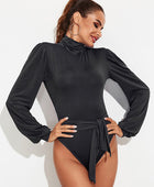 Backless Tie-Waist Turtleneck Lantern Sleeve Bodysuit - Body By J'ne