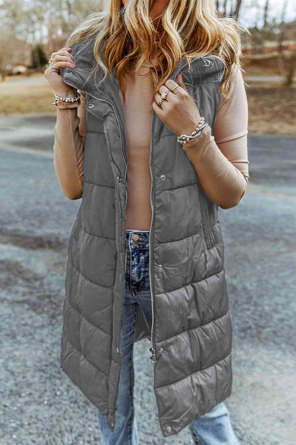 Longline Hooded Sleeveless Puffer Vest - Body By J'ne