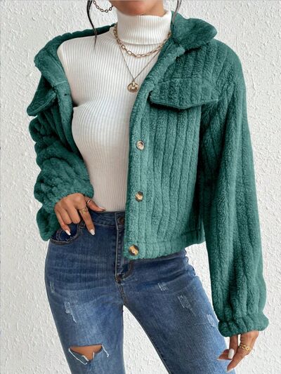 Fuzzy Button Up Collared Neck Jacket - Body By J'ne