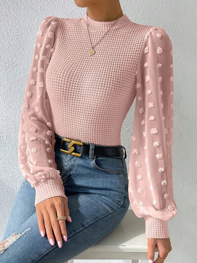 Swiss Dot Waffle-Knit Lantern Sleeve T-Shirt - Body By J'ne