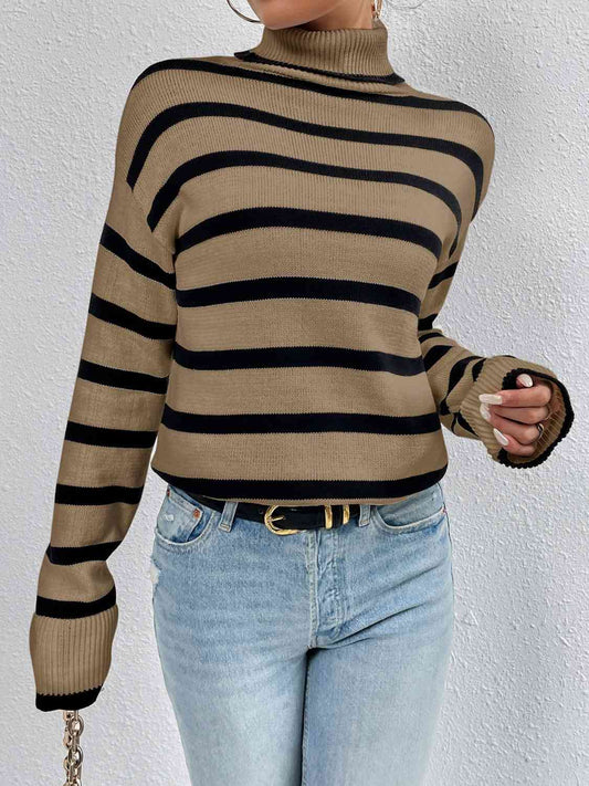 Striped Turtleneck Drop Shoulder Sweater - Body By J'ne