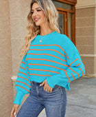 Round Neck Striped Lantern Sleeve Sweater - Body By J'ne