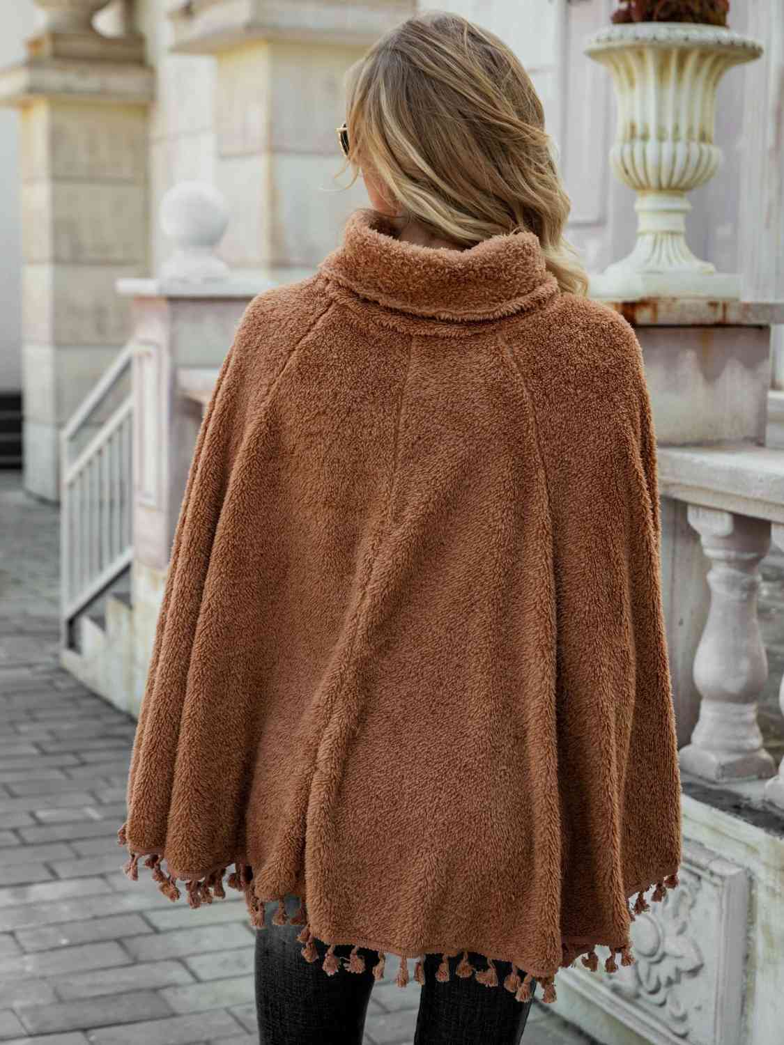 Full Size Turtleneck Tassel Hem Poncho - Body By J'ne