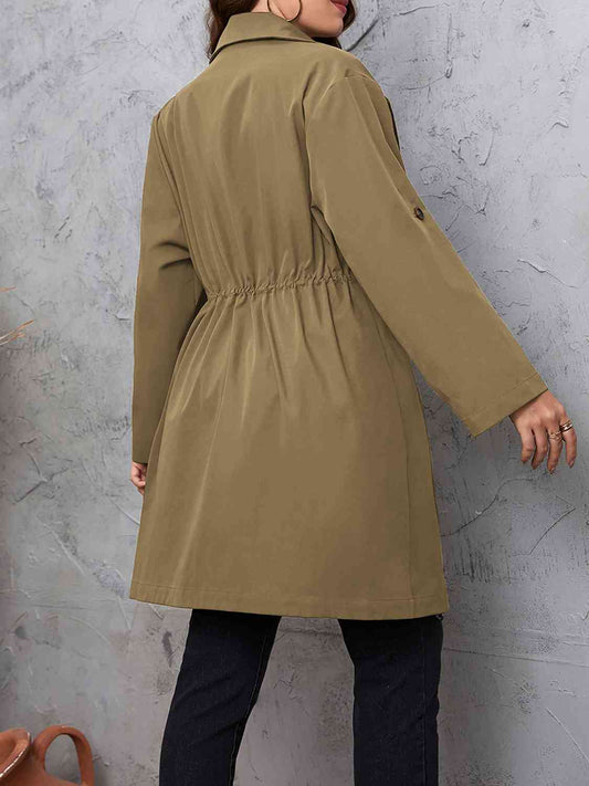 Plus Size Lapel Collar Drawstring Roll-Tab Sleeve Trench Coat - Body By J'ne