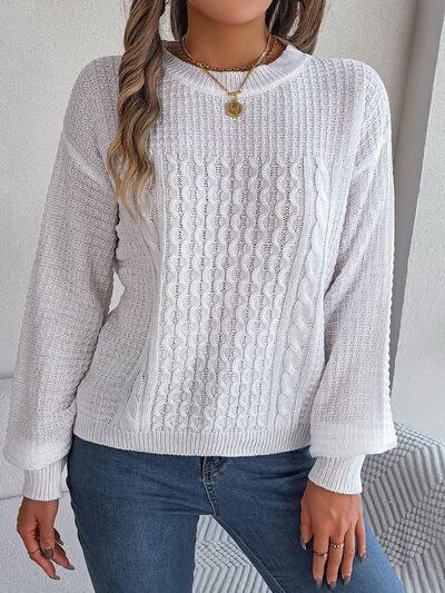 Cable-Knit Round Neck Long Sleeve Sweater - Body By J'ne