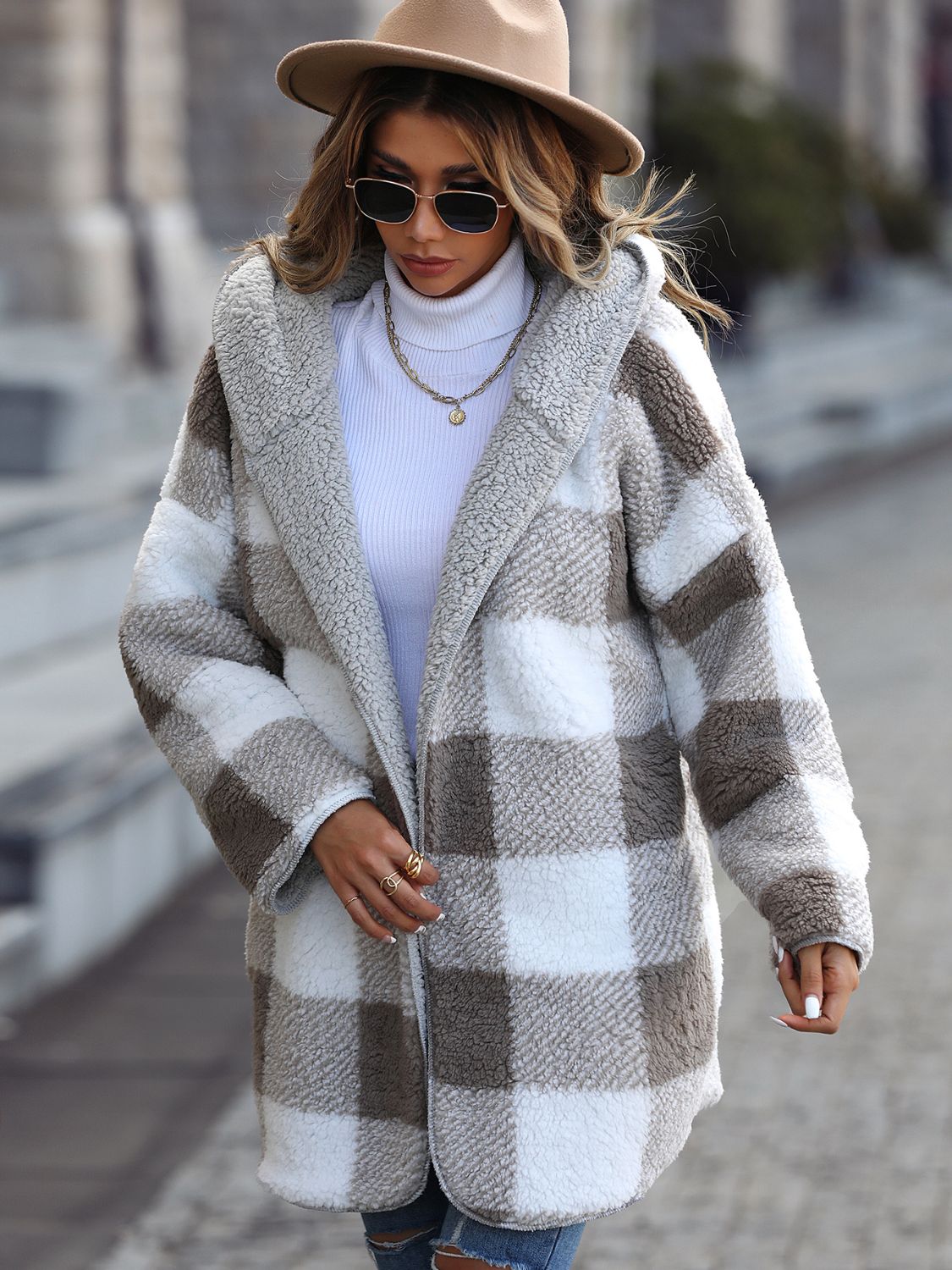 Plaid Open Front Hooded Coat - Body By J'ne