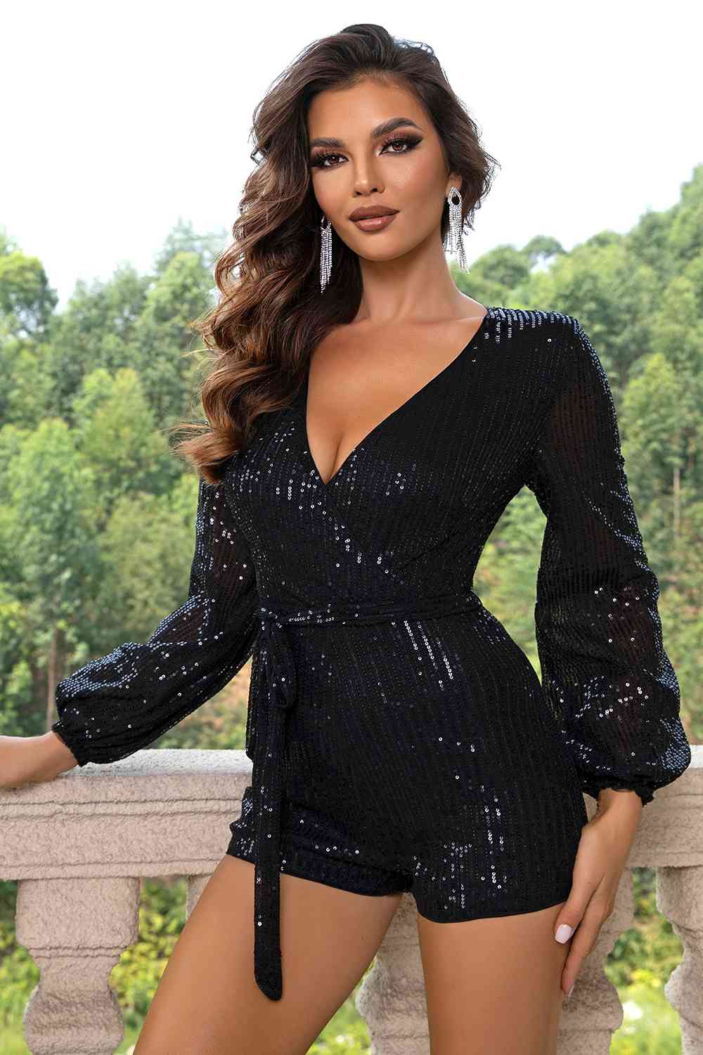 Sequin Tie Waist Long Sleeve Romper - Body By J'ne