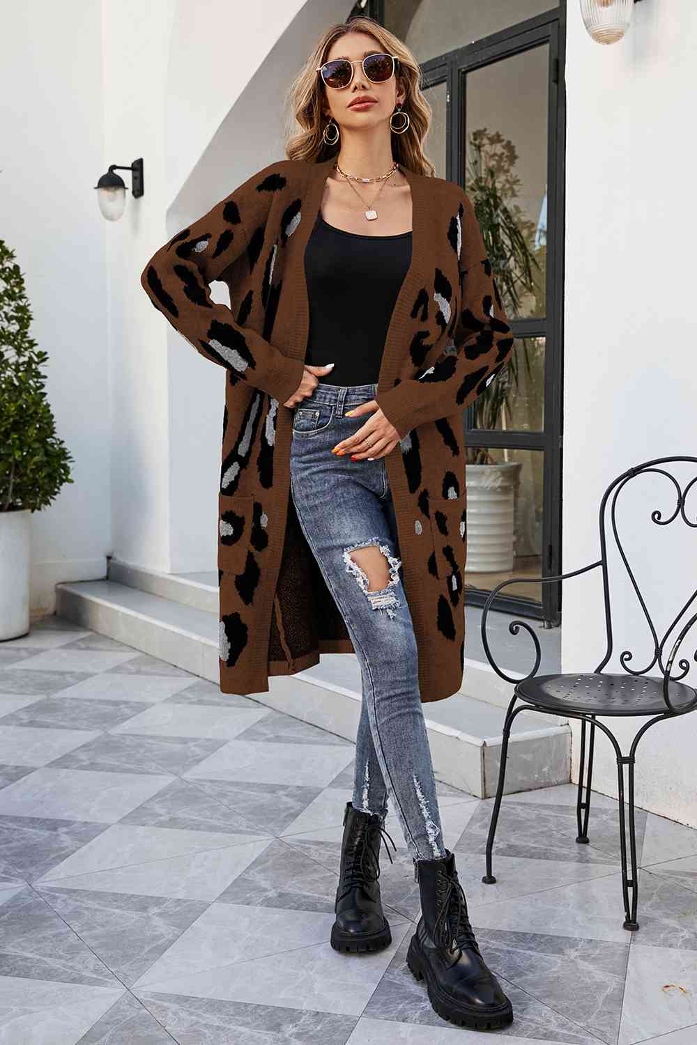 Leopard Open Front Cardigan with Pockets - Body By J'ne