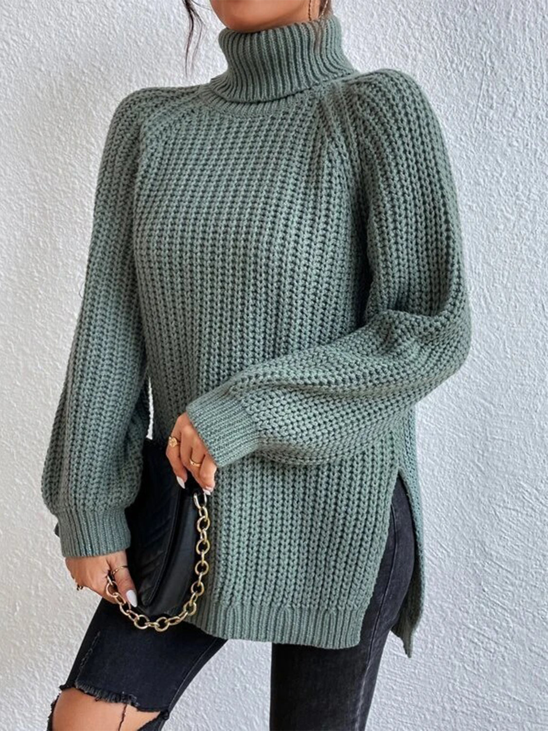 Full Size Turtleneck Rib-Knit Slit Sweater - Body By J'ne