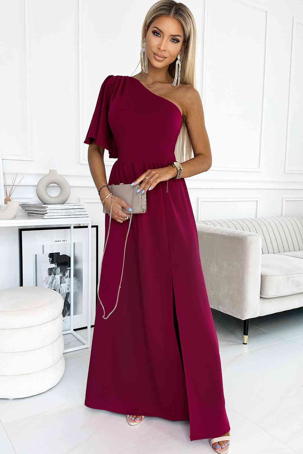 One shoulder Flutter sleeves Slit Dress - Body By J'ne