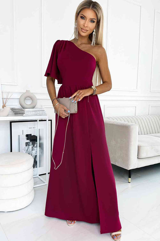 One shoulder Flutter sleeves Slit Dress - Body By J'ne