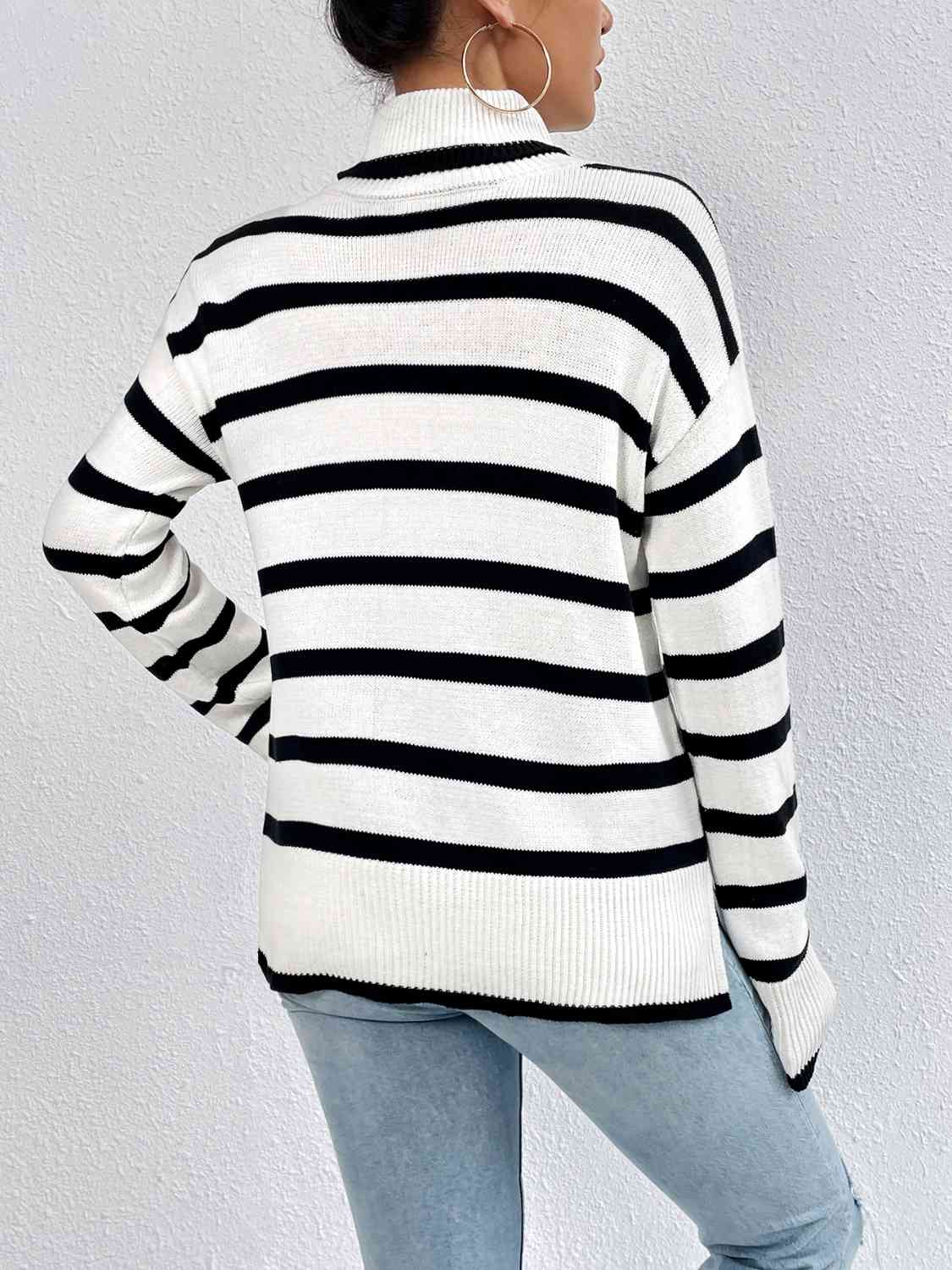 Striped Turtleneck Drop Shoulder Sweater - Body By J'ne