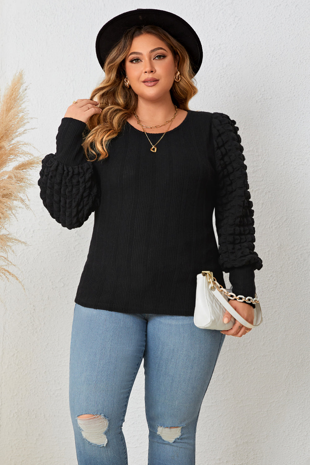 Plus Size Round Neck Lantern Sleeve Blouse - Body By J'ne