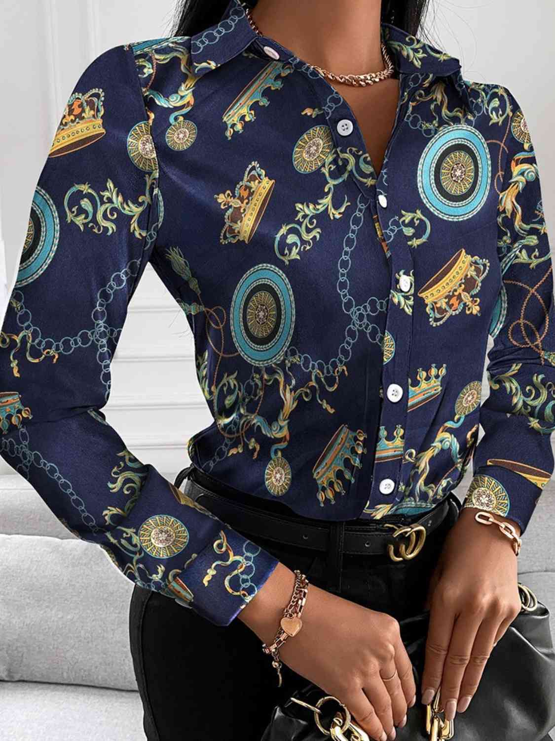 Printed Collared Neck Long Sleeve Shirt - Body By J'ne