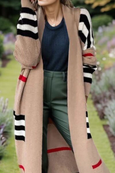 Striped Open Front Long Sleeve Longline Sweater Cardigan - Body By J'ne