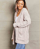 Woven Right Cable-Knit Open Front Cardigan with Front Pockets - Body By J'ne