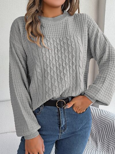 Cable-Knit Round Neck Long Sleeve Sweater - Body By J'ne