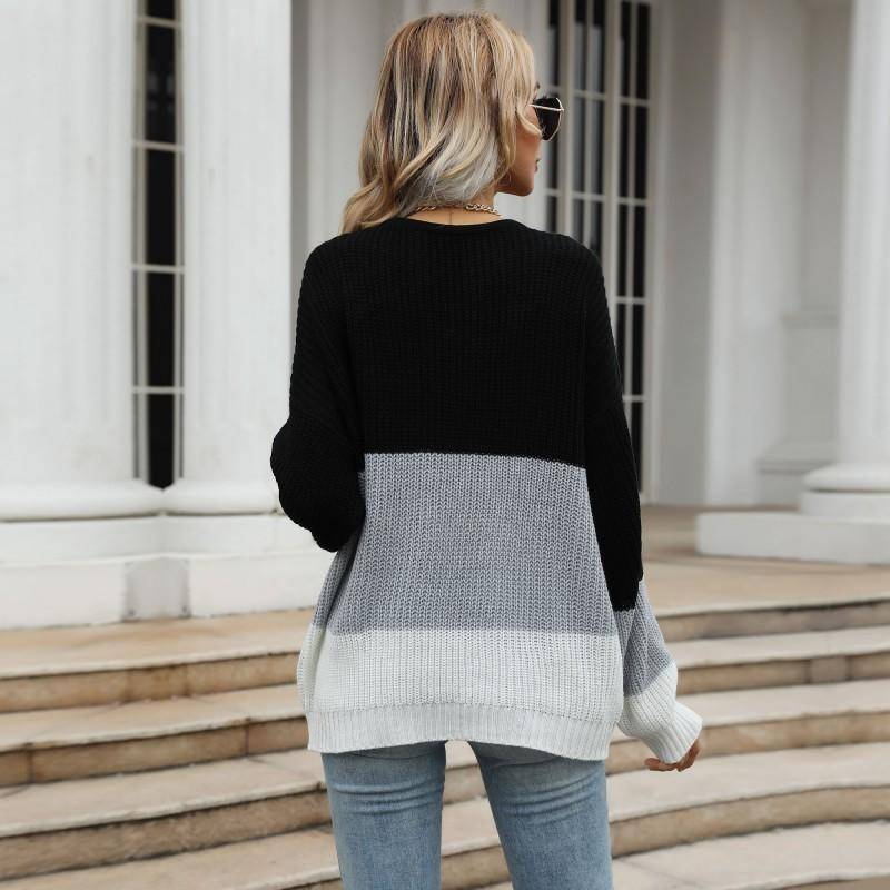 Black Multi Color Block Round Neck Long Sleeve Knit Sweater - Body By J'ne