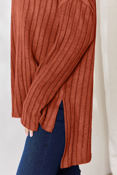 Full Size Ribbed Half Button Long Sleeve High-Low T-Shirt - Body By J'ne