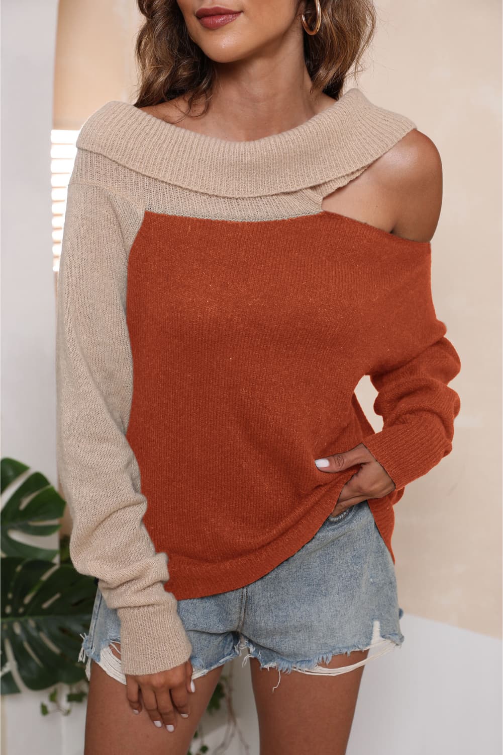 Asymmetrical Long Sleeve Two-Tone Cutout Sweater - Body By J'ne