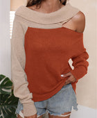 Asymmetrical Long Sleeve Two-Tone Cutout Sweater - Body By J'ne