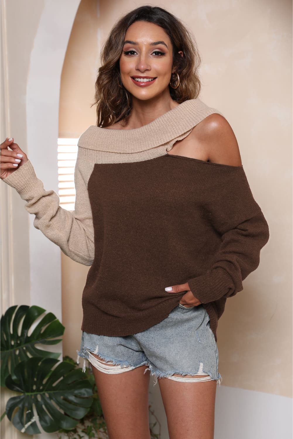 Asymmetrical Long Sleeve Two-Tone Cutout Sweater - Body By J'ne