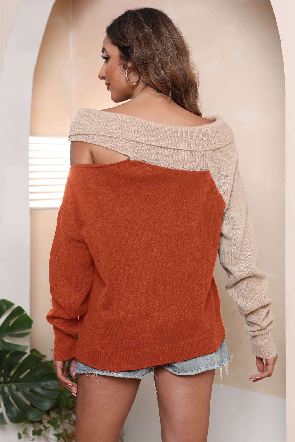 Asymmetrical Long Sleeve Two-Tone Cutout Sweater - Body By J'ne