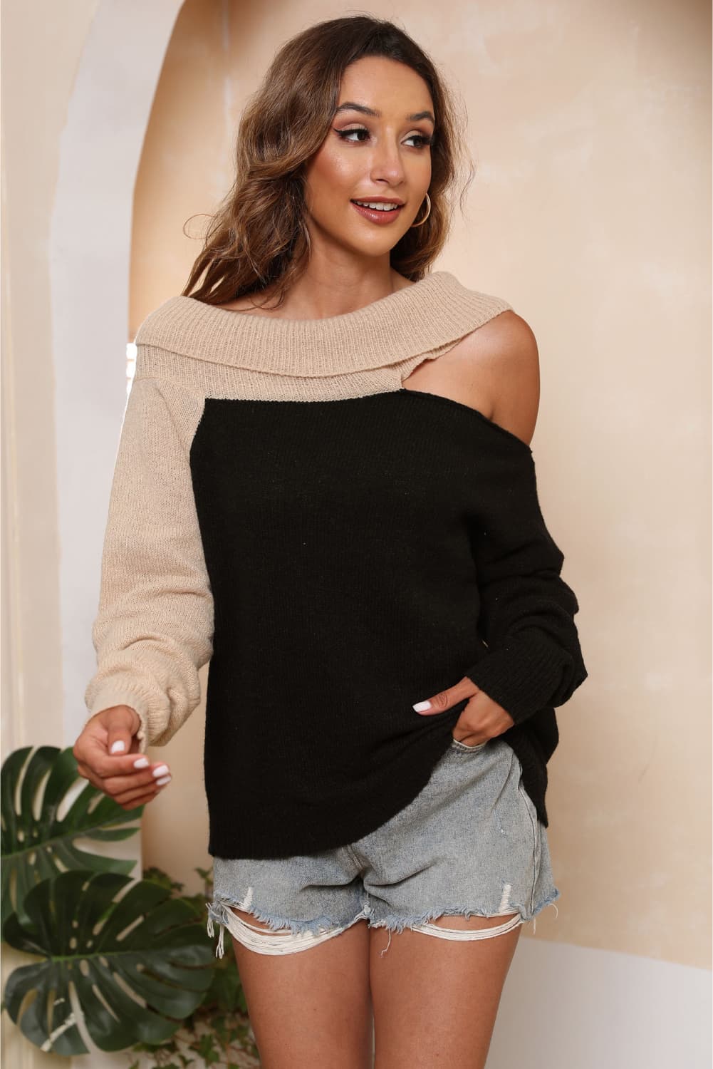 Asymmetrical Long Sleeve Two-Tone Cutout Sweater - Body By J'ne