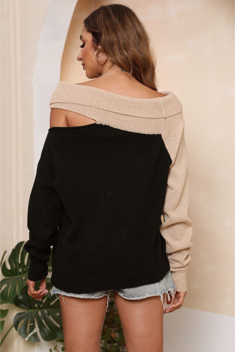 Asymmetrical Long Sleeve Two-Tone Cutout Sweater - Body By J'ne